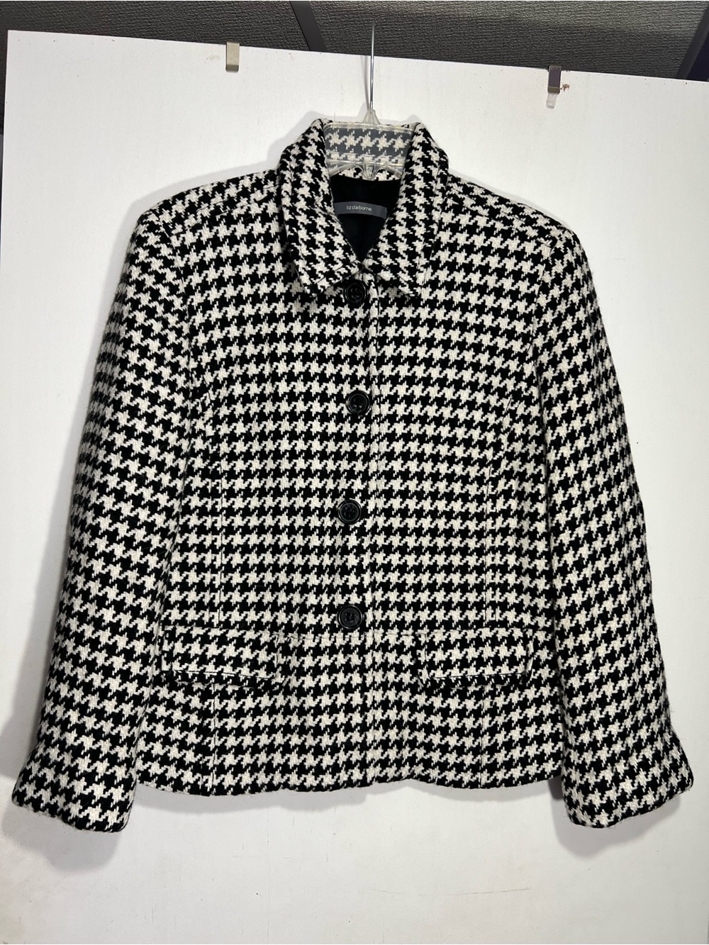 Claiborne Liz Wear Black White Houndstooth Plaid Wool Blend Blazer size L